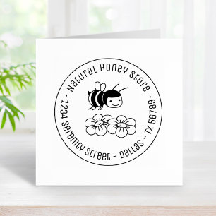 Honey Bee and Flowers Round Business Address 3 Rubber Stamp