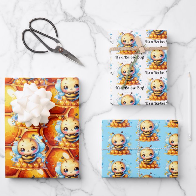 Honey bee and Honeycomb Baby Shower  Wrapping Paper Sheets (Front)