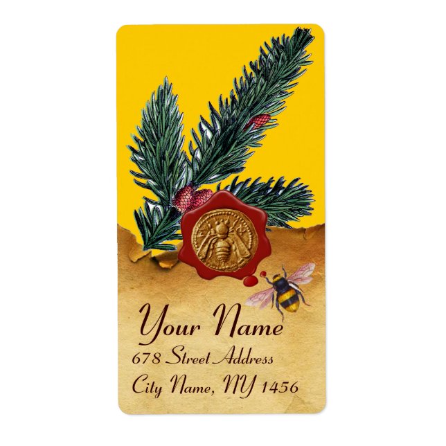 HONEY BEE AND PINE BRANCH,BEEKEEPER RED WAX SEAL LABEL (Front)