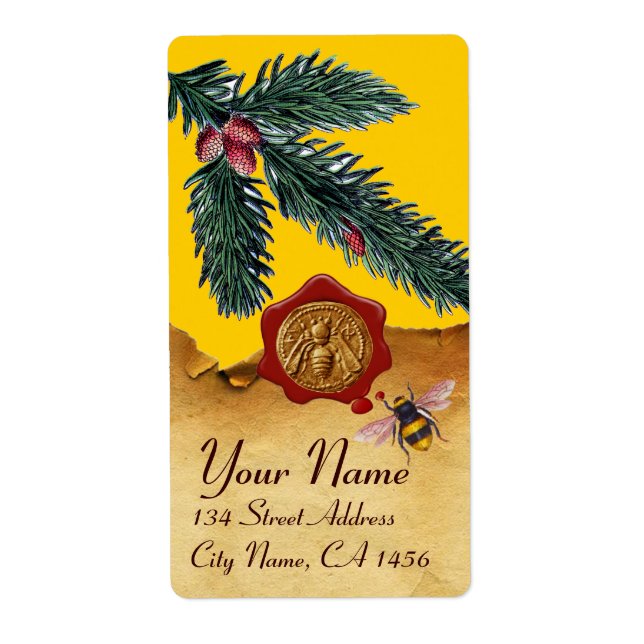 HONEY BEE AND PINE BRANCH,BEEKEEPER RED WAX SEAL LABEL (Front)