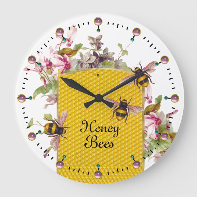 HONEY BEE AND PINK CYCLAMENS,BEEKEEPER LARGE CLOCK (Front)