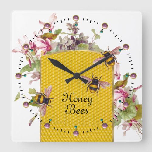 HONEY BEE AND PINK CYCLAMENSBEEKEEPER SQUARE WALL CLOCK