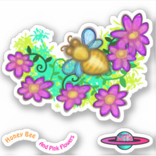 Honey Bee And Pink Flowers Sticker