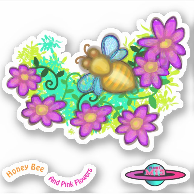 Honey Bee And Pink Flowers Sticker (Front)