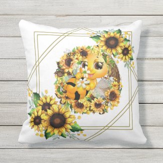 Honey Bee And Sunflowers Outdoor Pillow