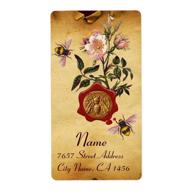 HONEY BEE AND WILD ROSES ,BEEKEEPER RED WAX SEAL LABEL (Front)