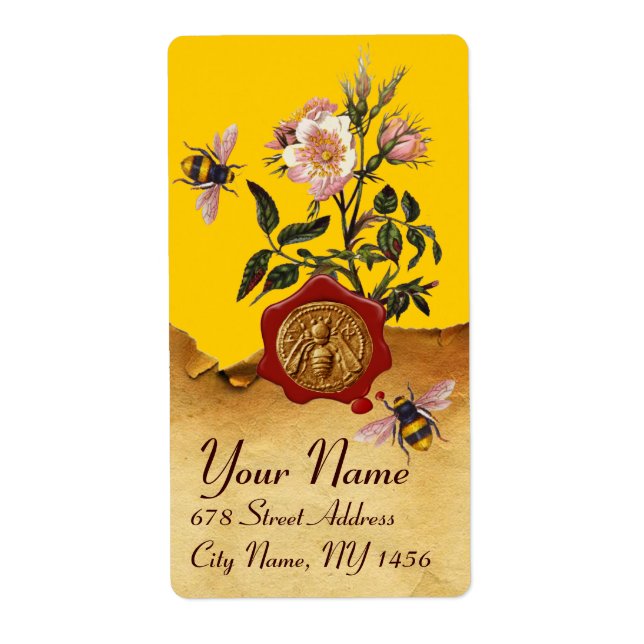 HONEY BEE AND WILD ROSES ,BEEKEEPER RED WAX SEAL LABEL (Front)