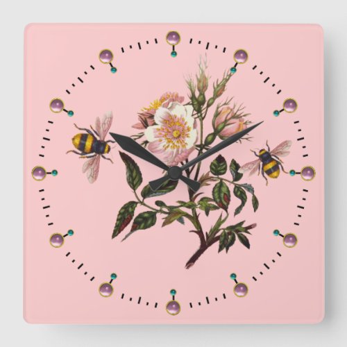 HONEY BEE AND WILD ROSES BEEKEEPER SQUARE WALL CLOCK