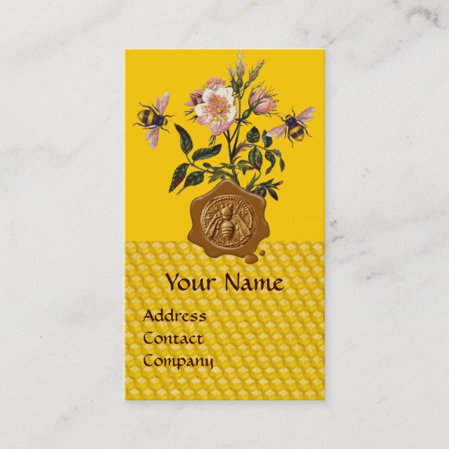 HONEY BEE AND WILD ROSES ,BEEKEEPER WAX SEAL BUSINESS CARD (Front)