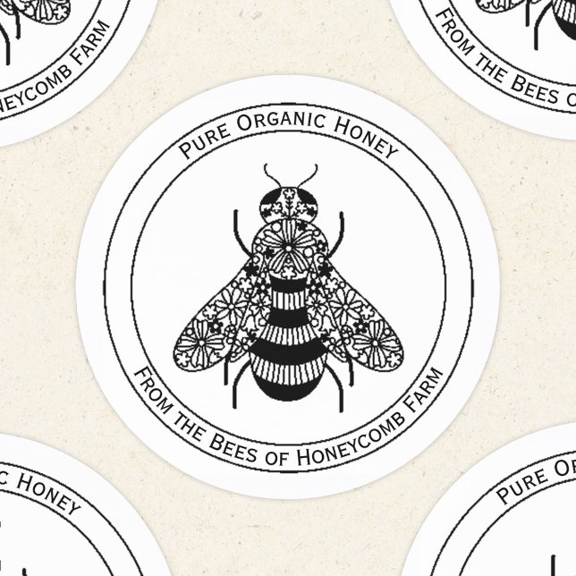 Honey Bee Apiary Business Classic Round Sticker (Organic honey business label with floral bee line art and custom text)