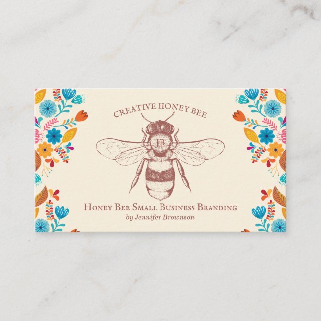 Honey Bee Apiary Flowers handdrawn Business Card (Front)