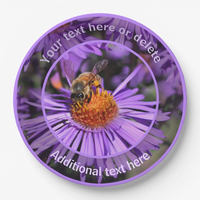 Honey Bee Aster Flower Nature Personalized Party Paper Plates (Front)