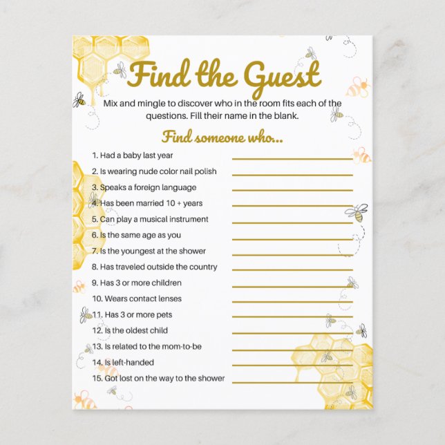 Honey Bee Baby Shower Find the Guest Game (Front)