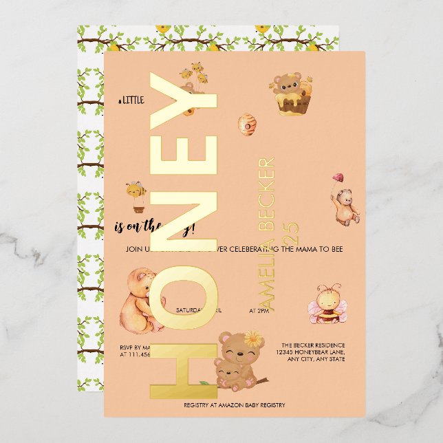 Honey Bee, Bear Baby Shower, A Honey is on the Way Foil Invitation (Front/Back)