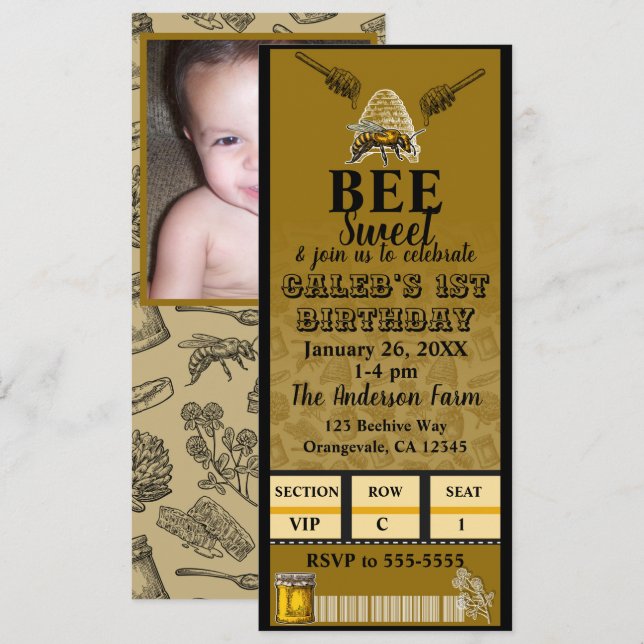 Honey Bee Beehive Birthday Party Photo Ticket Invitation (Front/Back)