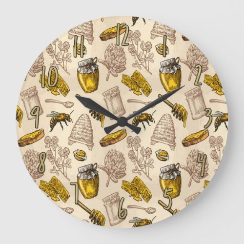 Honey Bee Beehive Golden Yellow Vintage Organic Large Clock