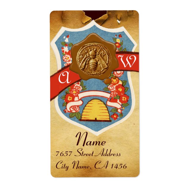 HONEY BEE ,BEEKEEPER BROWN WAX SEAL CREST MONOGRAM LABEL (Front)