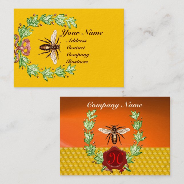 HONEY BEE BEEKEEPING WREATH RED WAX SEAL MONOGRAM BUSINESS CARD (Front/Back)