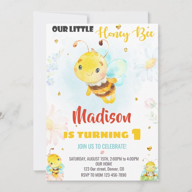 Honey bee birthday invitation Bee invitation girl (Front)