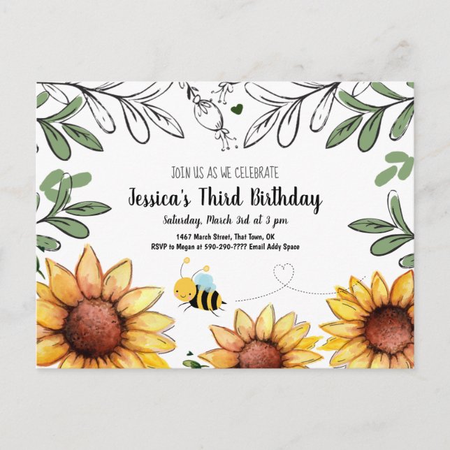 Honey bee Birthday Party Invitation Postcard (Front)