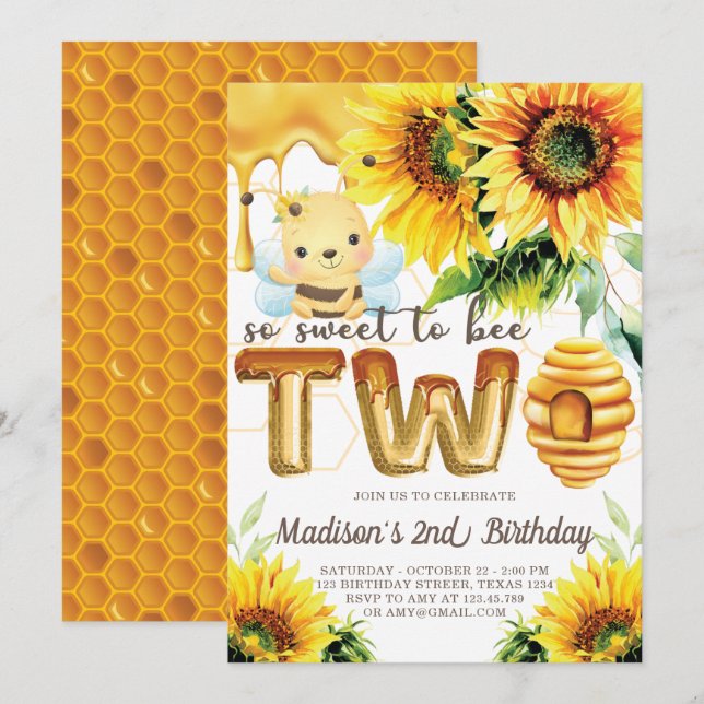Honey Bee Birthday Sunflower Cute 2nd Birthday Invitation (Front/Back)