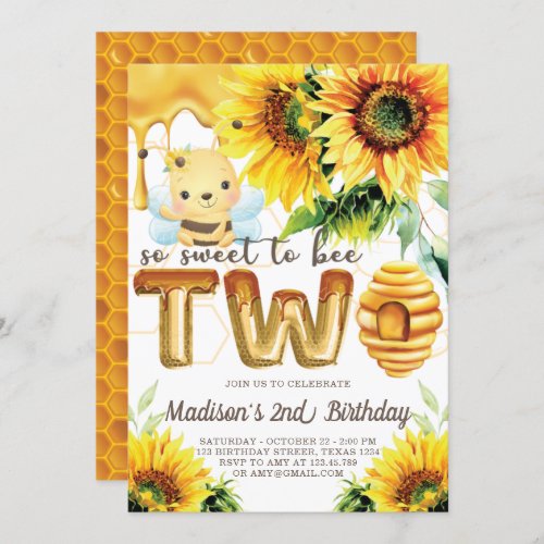 Honey Bee Birthday Sunflower Cute 2nd Birthday Invitation