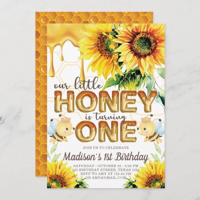 Honey Bee Birthday Sunflower First Birthday Invitation (Front/Back)