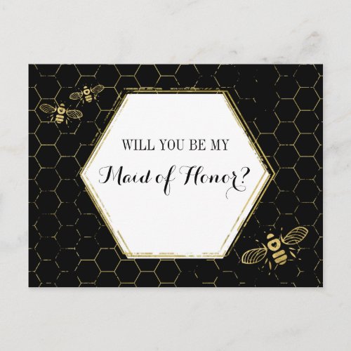 Honey Bee Black Gold Custom Maid of Honor Proposal Invitation Postcard