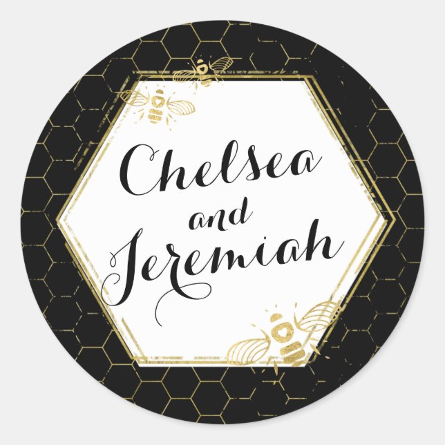 Honey Bee Black Gold Custom Name Sticker Wedding (Front)
