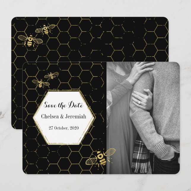 Honey Bee Black Gold Custom Photo Save the Date Invitation (Front/Back)