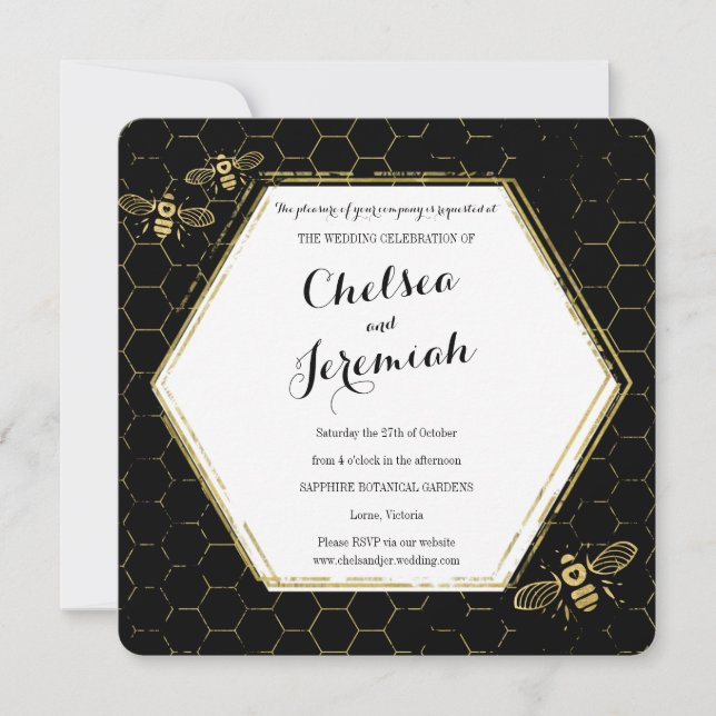 Honey Bee Black Gold Custom Wedding Invitation (Front)