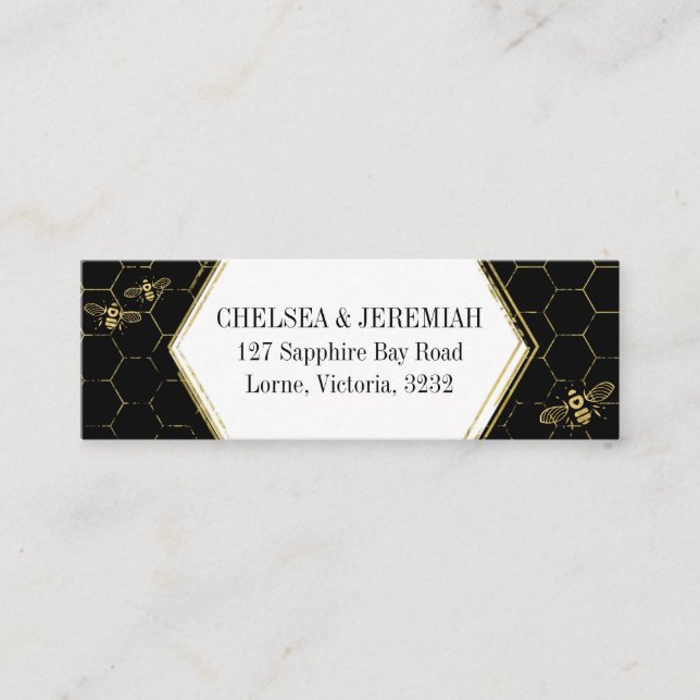 Honey Bee Black Gold Pattern Custom Address Card (Front)