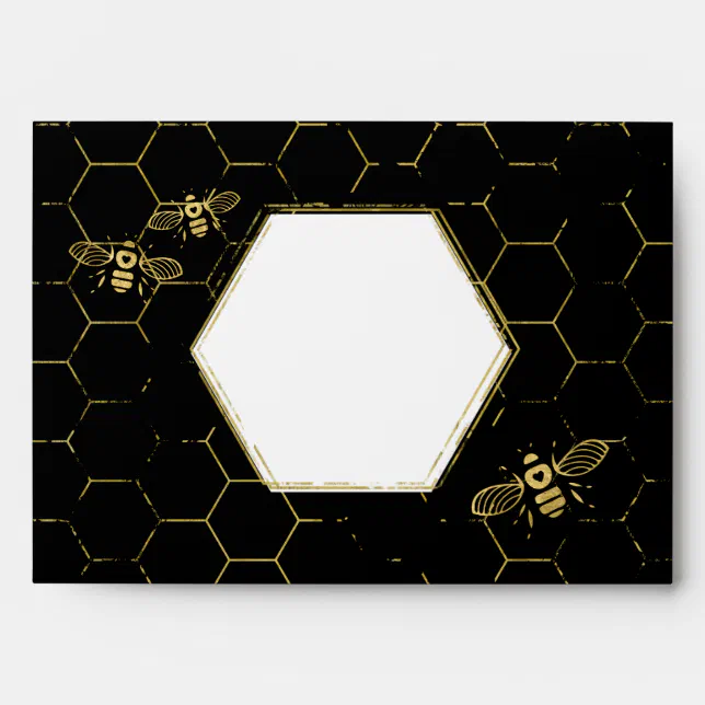 Honey Bee Black Gold Pattern Custom Address Envelope | Zazzle