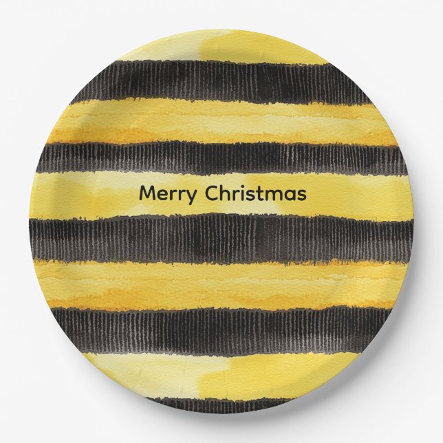 Honey Bee Black Gold Yellow Christmas Paper Plates (Front)