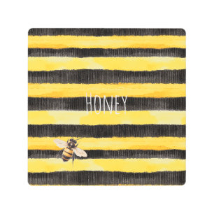 Honey Bee Black Gold Yellow Metal Print