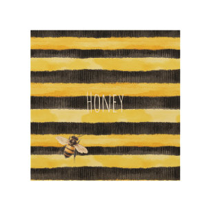 Honey Bee Black Gold Yellow Wood Wall Art
