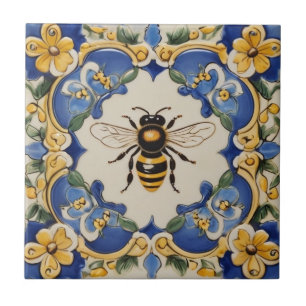 Honey Bee Blue and Yellow Decorative Ornate Ceramic Tile