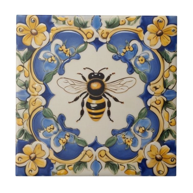 Honey Bee Blue and Yellow Decorative Ornate Ceramic Tile (Front)