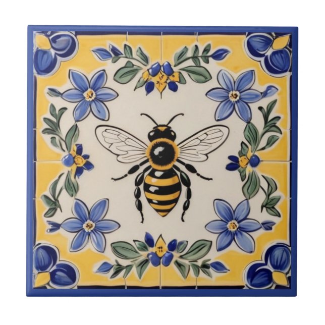 Honey Bee Blue and Yellow Mediterranean Ceramic Tile (Front)
