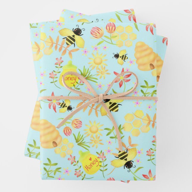 Honey Bee Blue Wrapping Paper Sheets (In situ)