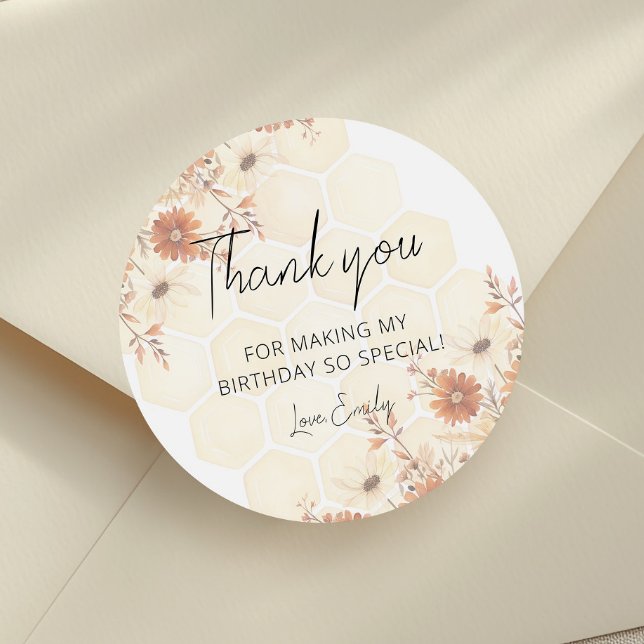 Honey Bee Boho Wildflower Birthday Thanks Classic Round Sticker (Creator Uploaded)