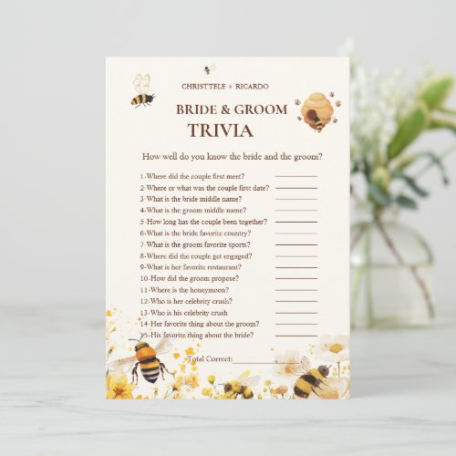 Honey Bee Book bride & Groom Trivia Game Card