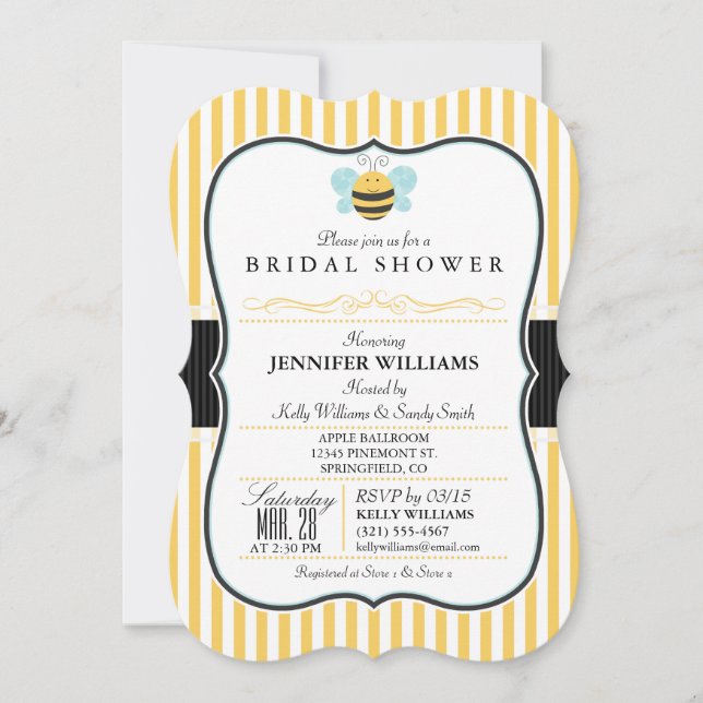 Honey Bee Bridal Shower Invite; Yellow Stripes Invitation (Front)