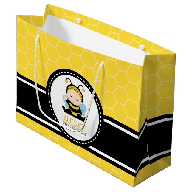 Honey Bee Bumblebee First Birthday Baby Shower Large Gift Bag (Front Angled)