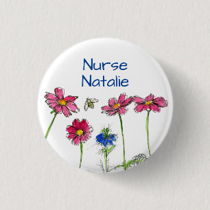 Honey Bee Cosmos Flowers Nurse Name Tag Button
