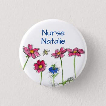 Honey Bee Cosmos Flowers Nurse Name Tag Button by CountryGarden at Zazzle