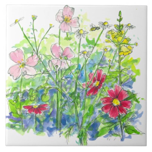 Honey Bee Cosmos Snapdragons Pink Wildflowers Ceramic Tile