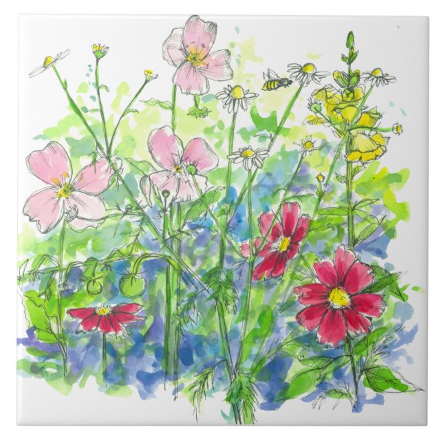 Honey Bee Cosmos Snapdragons Pink Wildflowers Ceramic Tile (Front)