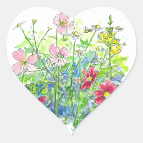 Honey Bee Cosmos Snapdragons Watercolor Flowers Heart Sticker