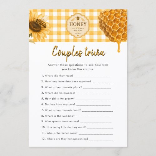 Honey Bee Couples Trivia Bridal Shower Game card